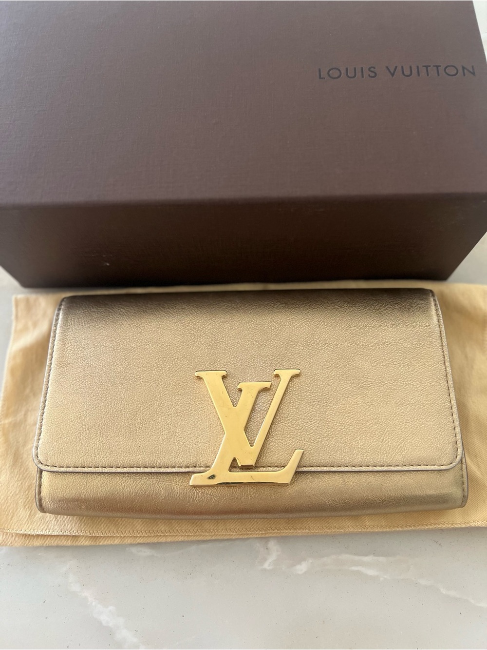 Authentic Louis Vuitton Louise MM Metallic Gold Leather Envelope Clutch Bag - Picture 10 of 10